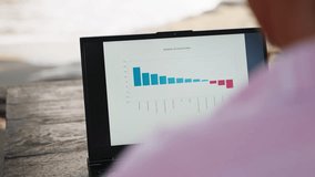 Analyst man at beach cafe works on laptop with charts, data analysis on screen at sunset. Professional analyzes market in coastal environment, remote work setting with ocean view, sunset background. - Powered by Shutterstock - Get 15% off with code: PIKWIZARD15