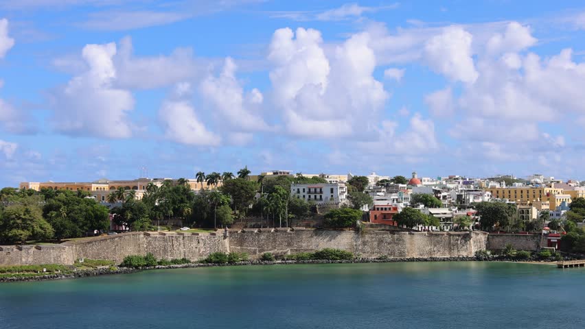 Puerto Rico, view of San Juan colorful colonial historic center from San Juan Bay.