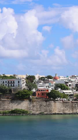 Puerto Rico, view of San Juan colorful colonial historic center from San Juan Bay.