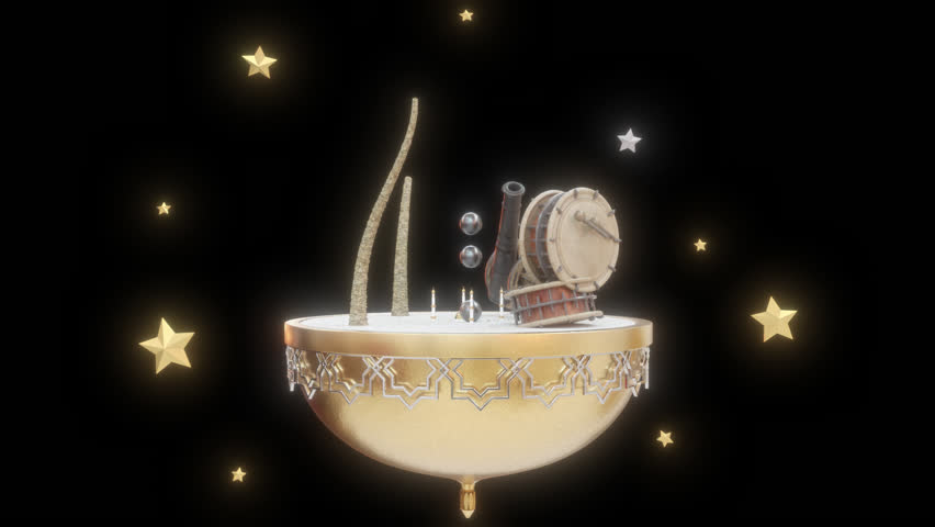 4K Loop animation Islamic Special Days Concepts Ramadan,Eid Mubarak, eid al-adha, eid qurban, Eid fitr, Al Hijra With 3D canon and Islamic 3D Lantern With Frame. Dark Background.
