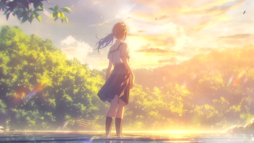 Animated girl standing by a serene lake with vibrant sunset in the background. Peaceful nature concept