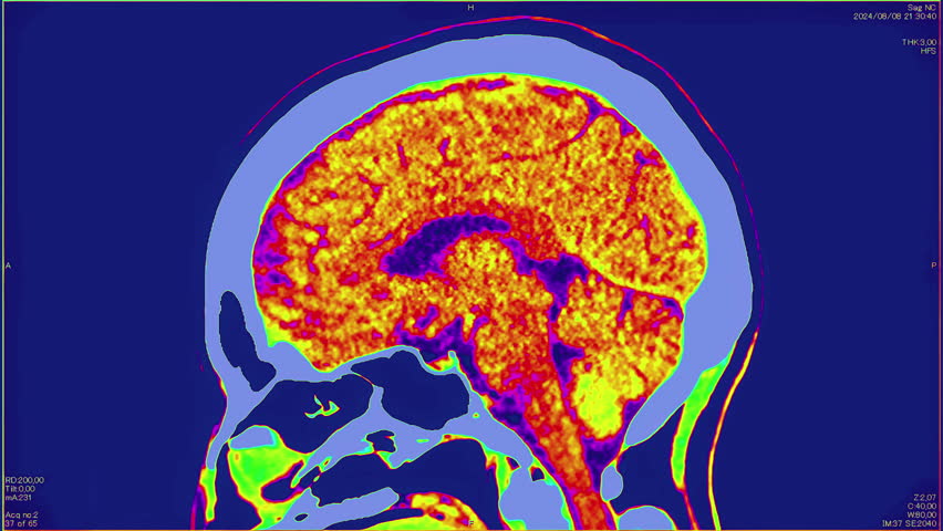 Magnetic resonance images of the head and neck, MRI of the brain, side viev of a patient with multiple vascular infarctions, contrast study, color animation Seamless Loop