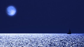 Sailing boat silhouette with starry Milky Way skies and full Moon above open ocean waters. - Powered by Shutterstock - Get 15% off with code: PIKWIZARD15