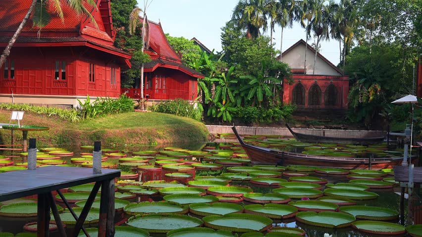 A pond with vibrant green lily pads, traditional Thai boats, and red buildings with ornate details, surrounded by lush tropical vegetation.