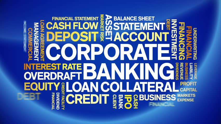 Corporate Banking animated word cloud,text design animation tag kinetic typography seamless loop. 