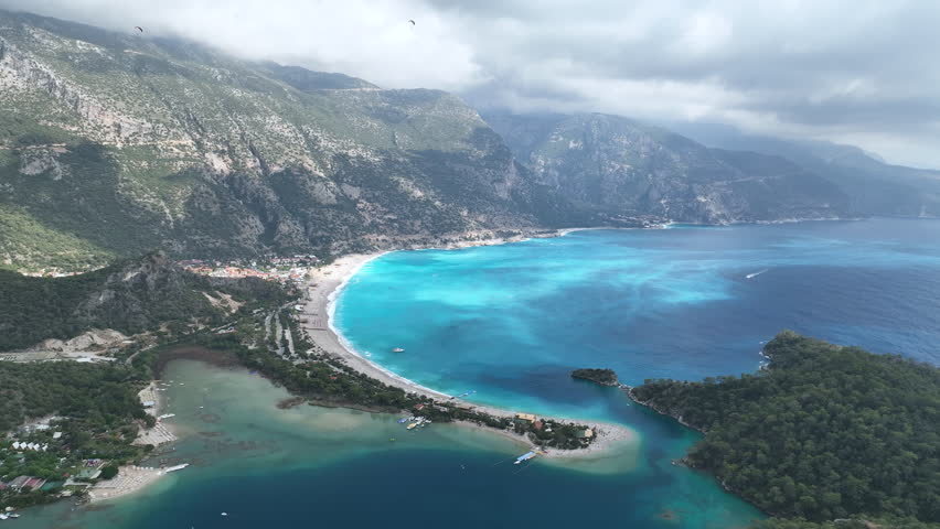 Fethiye , Blue Lagoon drone view on a cast day, Turkey, oe01