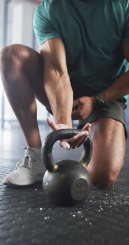 Vertical video: Preparing for workout, man clapping hands with chalk near kettlebell in gym. Fitness, exercise, strength, motivation, training, athlete