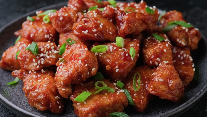 Eating Crispy Sesame Chicken with a Sticky Asian Sauce