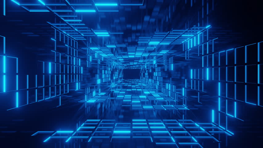 Abstract 3D illustration of a glowing blue neon grid tunnel, creating a futuristic and high-tech digital environment.