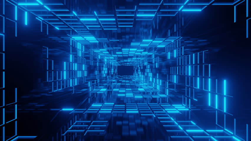 Abstract 3D illustration of a glowing blue neon grid tunnel, creating a futuristic and high-tech digital environment.