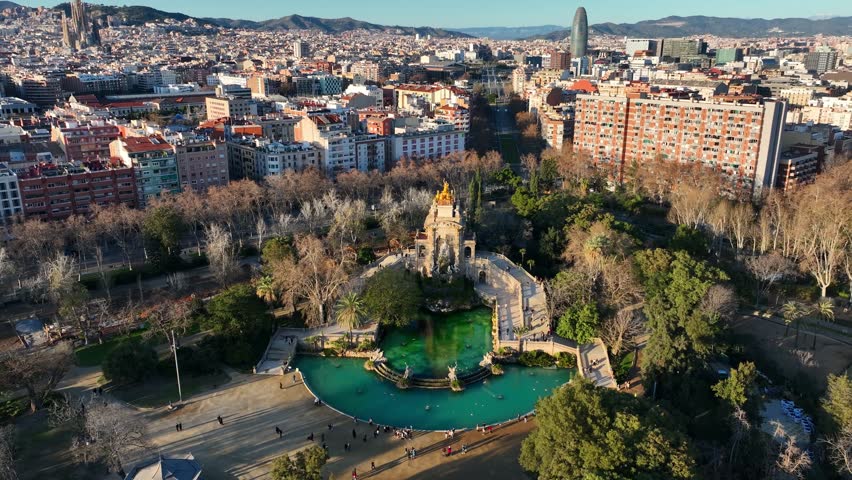 aerial view of Barcelona Parc de la Ciutadella at sunset, drone view of Barcelona downtown, tourism in Barcelona, Spain