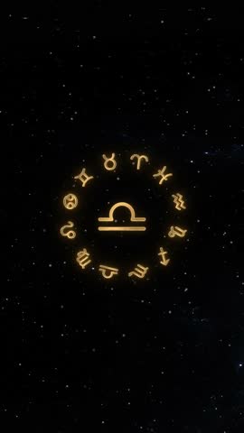 Libra Sign Astrology Animated in Gold. Astrology Wheel Natal Horoscope with Zodiac Signs. Vertical opener animation in 4k