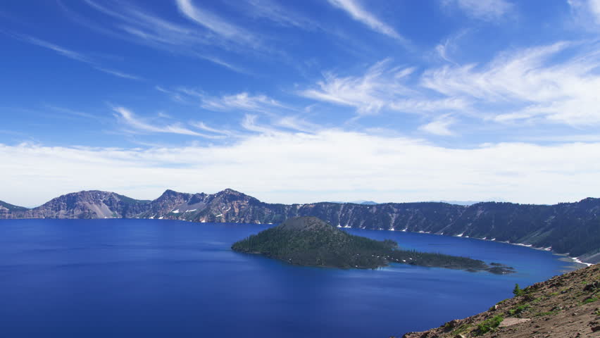 Crater Lake National Park Wizard Island Wide Shot from Rim Drive Pan L Oregon USA