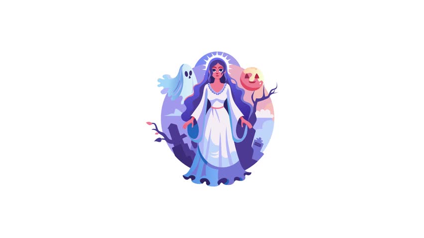 A flat animated illustration of spooky witch with ghost and moon mascot