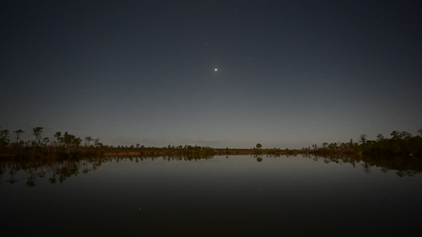 Timelapse of Venus, stars and air traffic over Pine Glades Lake in Everglades National Park, Florida under full moon 4K.