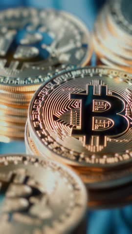 Bitcoin coins are stacked neatly against a modern digital background showcasing innovation. 3D Illustration