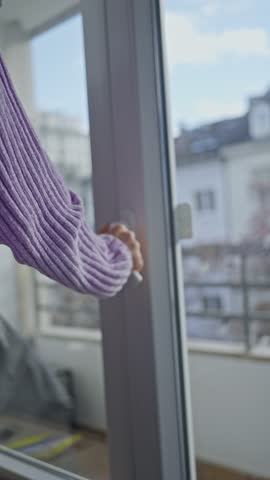 Girl with a cup of tea in her hands opens the door and goes out onto the balcony