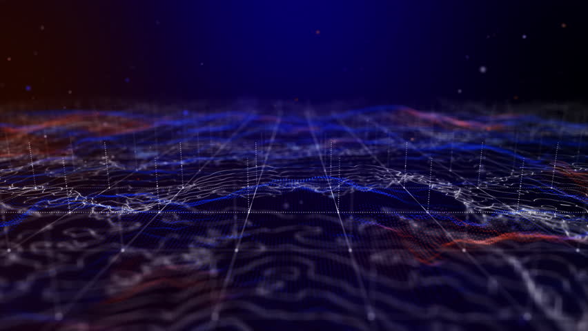 Flying through futuristic digital geology terrain, digital data telemetry and engineer topography with contour lines. 