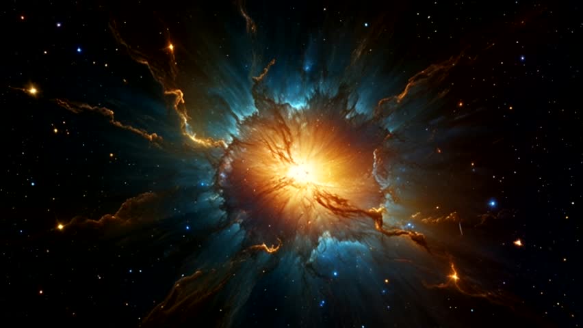 an artistic representation of a cosmic phenomenon resembling the explosion or formation of stars in space. In the center of the image an intense luminous center of orange-yellowish color is visible