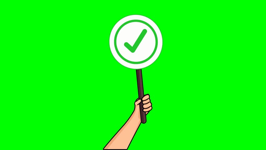 Animation of hands hold signboard checkmark symbol. Correct choice. Checklist. right. vote and polling. yes or no choice. Choice. Polling