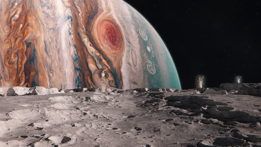 View of the Surface of the Moon Io with Volcanic Eruptions Orbiting Jupiter