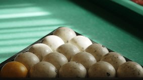Billiard numbered white balls with scratches and dirt in pyramid triangle on green felt table in sunlight. Vintage used pool set with cue ball in cozy indoor daytime close up. - Powered by Shutterstock - Get 15% off with code: PIKWIZARD15