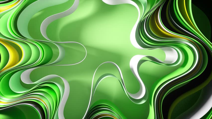 Green and yellow stripes are morphing and evolving, creating a mesmerizing abstract animation. 3d animation. 3D Illustration