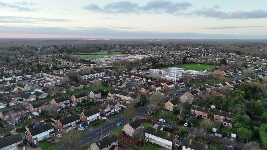 Peterborough UK Houses streets and roads drone,aerial panning