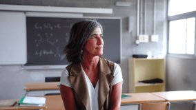 A teacher stands alone in an empty classroom, gazing thoughtfully out of the window. The scene captures a moment of reflection, introspection, and quiet contemplation in an educational setting - Powered by Shutterstock - Get 15% off with code: PIKWIZARD15