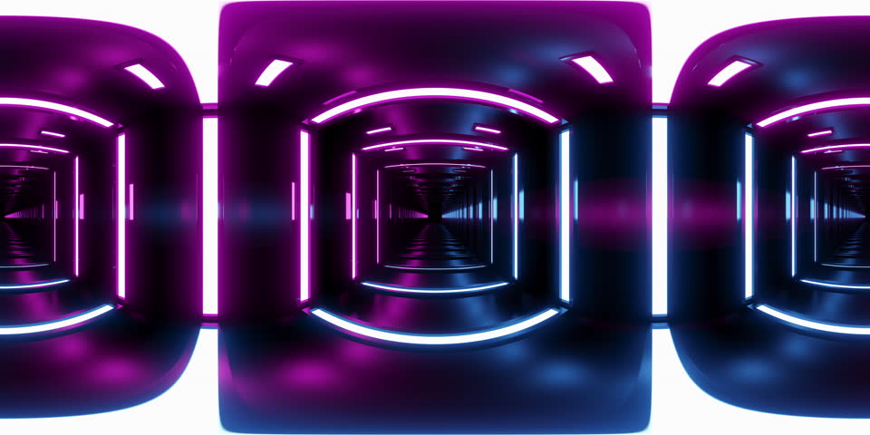 360-Degree View VR Endless Cyber Tunnel with Blue and Purple Neon Lights in Futuristic Style 3d Animation Stock Video