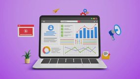 Data analytics dashboard. AI technology for data management and automation, business analytics report, CRM, KPI insights, sales data and statistics on a 3D laptop screen. 4K 3D animation - Powered by Shutterstock - Get 15% off with code: PIKWIZARD15