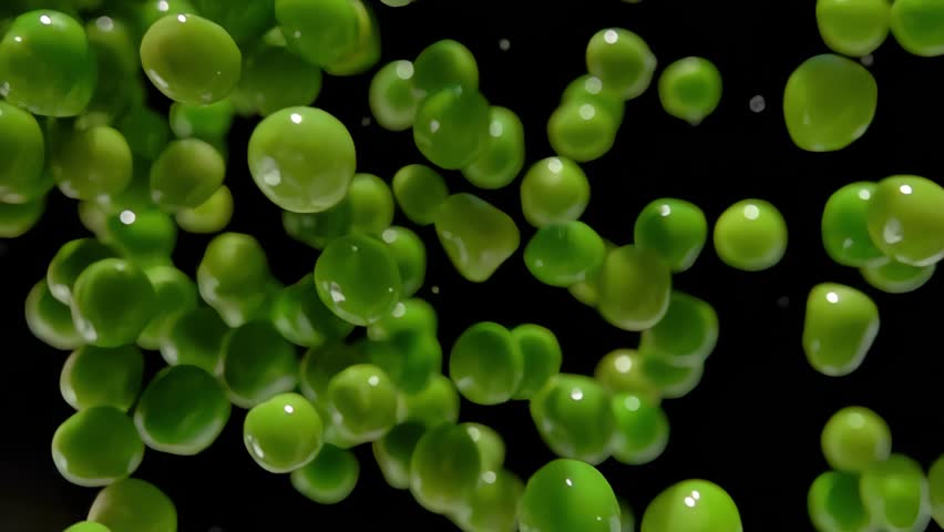 Super close-up of the green peas falling down on the balck background in the slow motion. High quality 4k footage