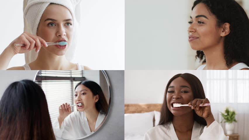 Four women from different backgrounds engage in their oral hygiene routines, brushing teeth in well-lit, comfortable settings, highlighting self-care and healthy habits.