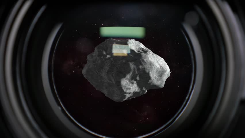 A close up view of a camera lens or telescope photographing an asteroid Apophis approaching Earth. Camera zooms as the meteor comes into focus. Composited.	