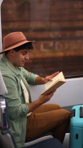 vertical relaxed traveler reads a travel guide to plan their route sitting on the train with their luggage, heading toward their vacation destination. captures the excitement of planning the adventure
