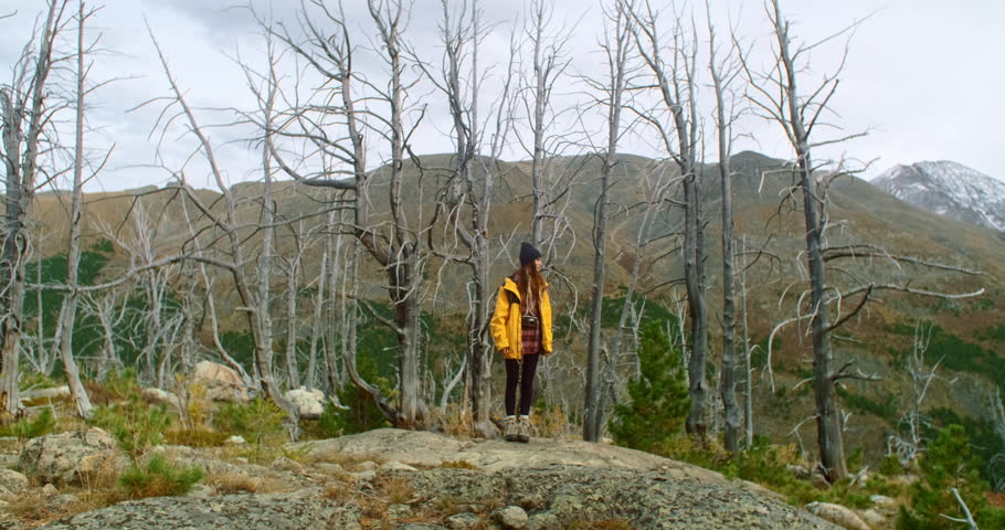 Photographer wearing a yellow jacket, beanie and boots is standing on a rock, holding a camera and taking pictures of a mountain landscape with dead trees