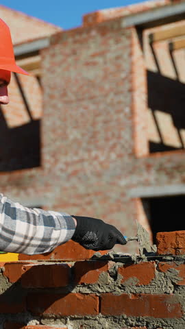 Construction Worker Building a Brick House