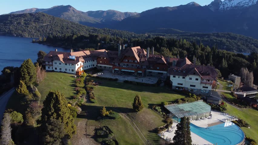 View from a drone at the most emblematic hotel in the city of Bariloche, Patagonia Argentina.	