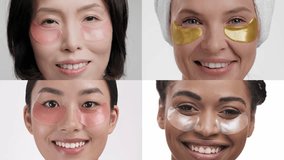 Four women of different backgrounds delight in their skincare rituals, each using eye masks to enhance their natural beauty. The collage highlights diversity in beauty care routines. - Powered by Shutterstock - Get 15% off with code: PIKWIZARD15