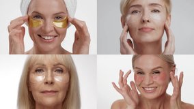 Four diverse women engage in a skin care routine, applying products on their faces and expressing joy. The scene highlights their multiracial backgrounds and beauty practices. - Powered by Shutterstock - Get 15% off with code: PIKWIZARD15