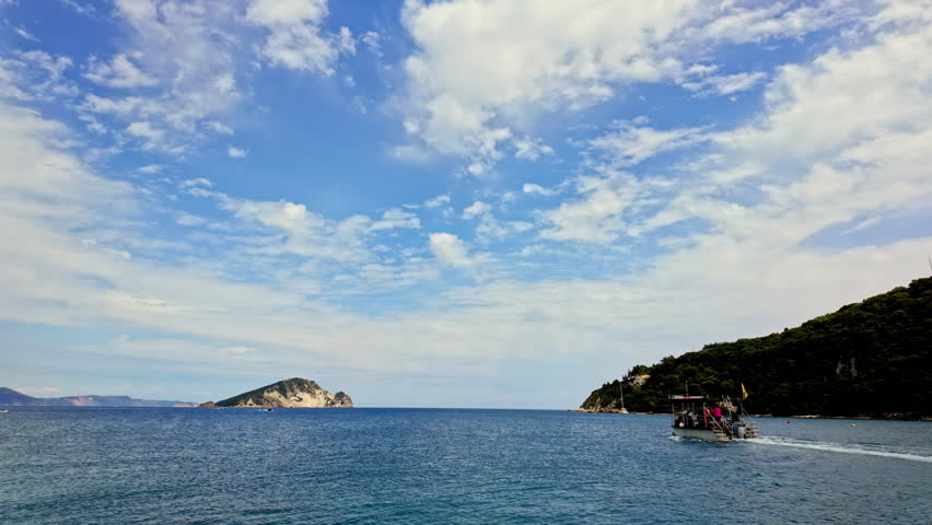 Sailing On The Sea Of Marathon Island Near Zakynthos In Western Greece. Slow Motion Shot