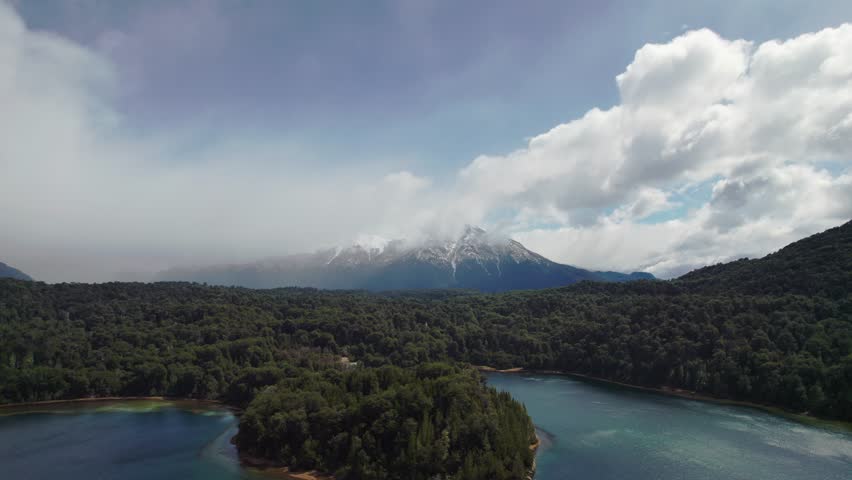 Argentine Patagonia, View of the Nahuel Huapi Lake with Forest and Snowy Mountain Peaks