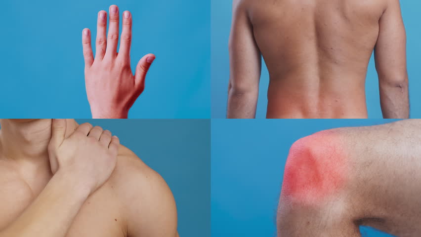 This collection presents different body parts affected by pain, showcasing a hand, back, shoulder, and knee with visible signs of discomfort.