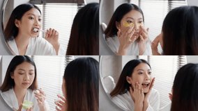 A woman in a robe practices her skincare routine in front of a mirror, applying a face mask while smiling. Natural light fills the room, creating a calm morning atmosphere. - Powered by Shutterstock - Get 15% off with code: PIKWIZARD15