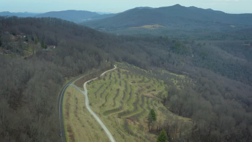 Aerial establishing overview of terraced forested hills and winding paths at Chimney Rock State Park, North Carolina