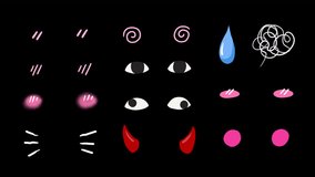 Set of anime cute shy pink cheek effect symbols, wiggle, animation stickers, funny weird eyes, sweat, confused mess up symbol, evil horns, on a transparent background - Powered by Shutterstock - Get 15% off with code: PIKWIZARD15