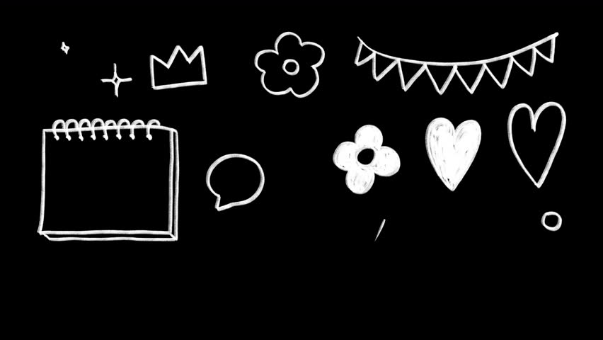 Set of cute cartoon doodle icons, wiggle animation stickers, white pencil chalk: sparkle, crown, flowers, note, Tic-tac-toe, arrows, hearts, location pin on a transparent background