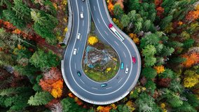 Aerial drone view winding mountain road between autumn trees. Vehicles driving through the curve. Serpentine road Black Forest southern Germany. High quality 4k footage - Powered by Shutterstock - Get 15% off with code: PIKWIZARD15