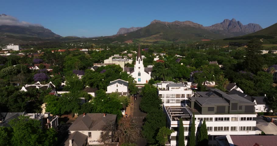 Cinematic Establishing Shot Above Downtown Stellenbosch, South Africa