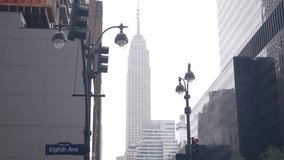 New York City crossroad, street intersection road sign on post. Empire State building, Midtown district, West 34, NYC, United States. Highrise skyscraper architecture, 8th avenue corner text roadsign. - Powered by Shutterstock - Get 15% off with code: PIKWIZARD15